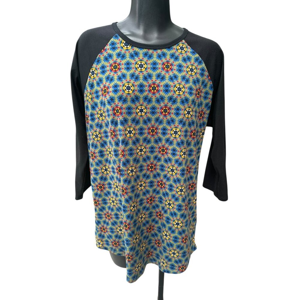 LuLaRoe Randy Womens M Floral Geometric Raglan 3/4 Sleeve Top Multicolor